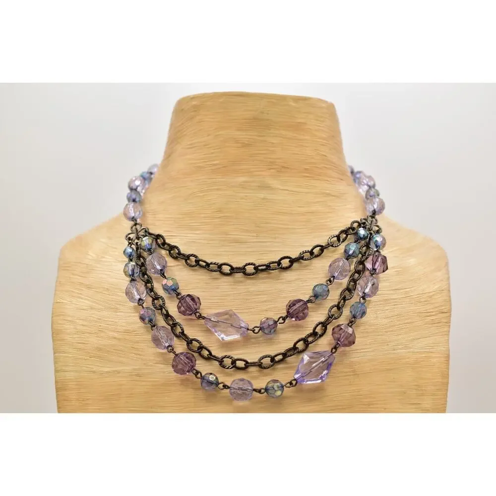 2028 Vintage Necklace Crystal Beaded Collar Purple Gunmetal Signed 1990s BinBD